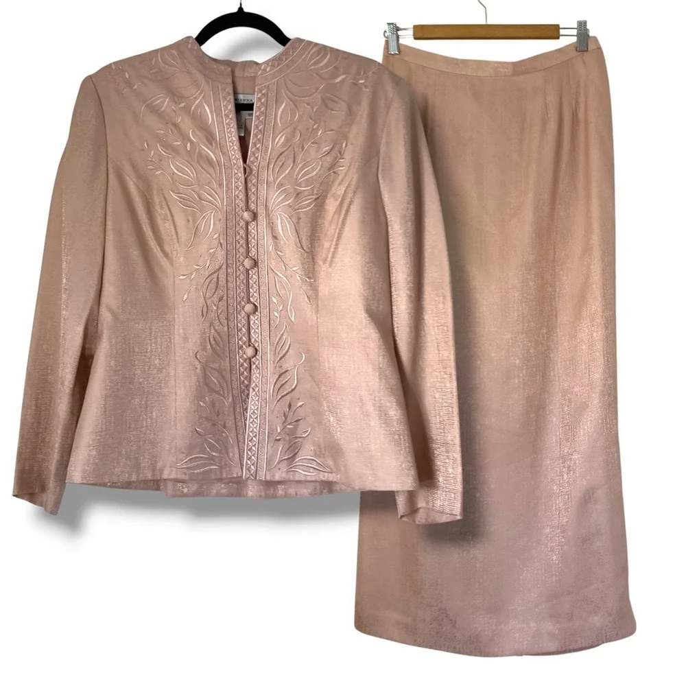 Adrianna Papell Skirt Suit Womens 12 Pink Silk Embroidered Floral Formal Elegant